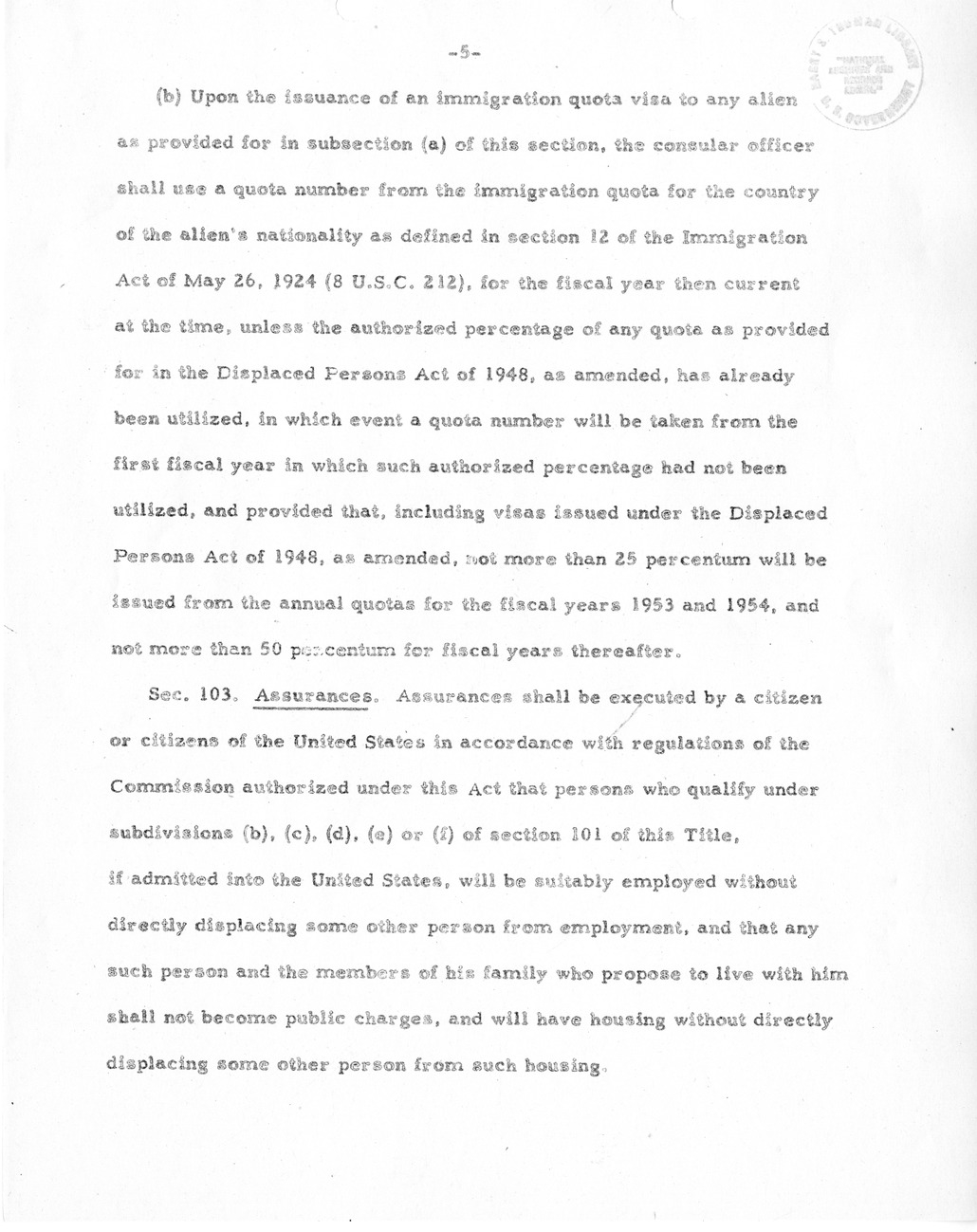 Draft of Legislation, The Special Migration Act of 1952