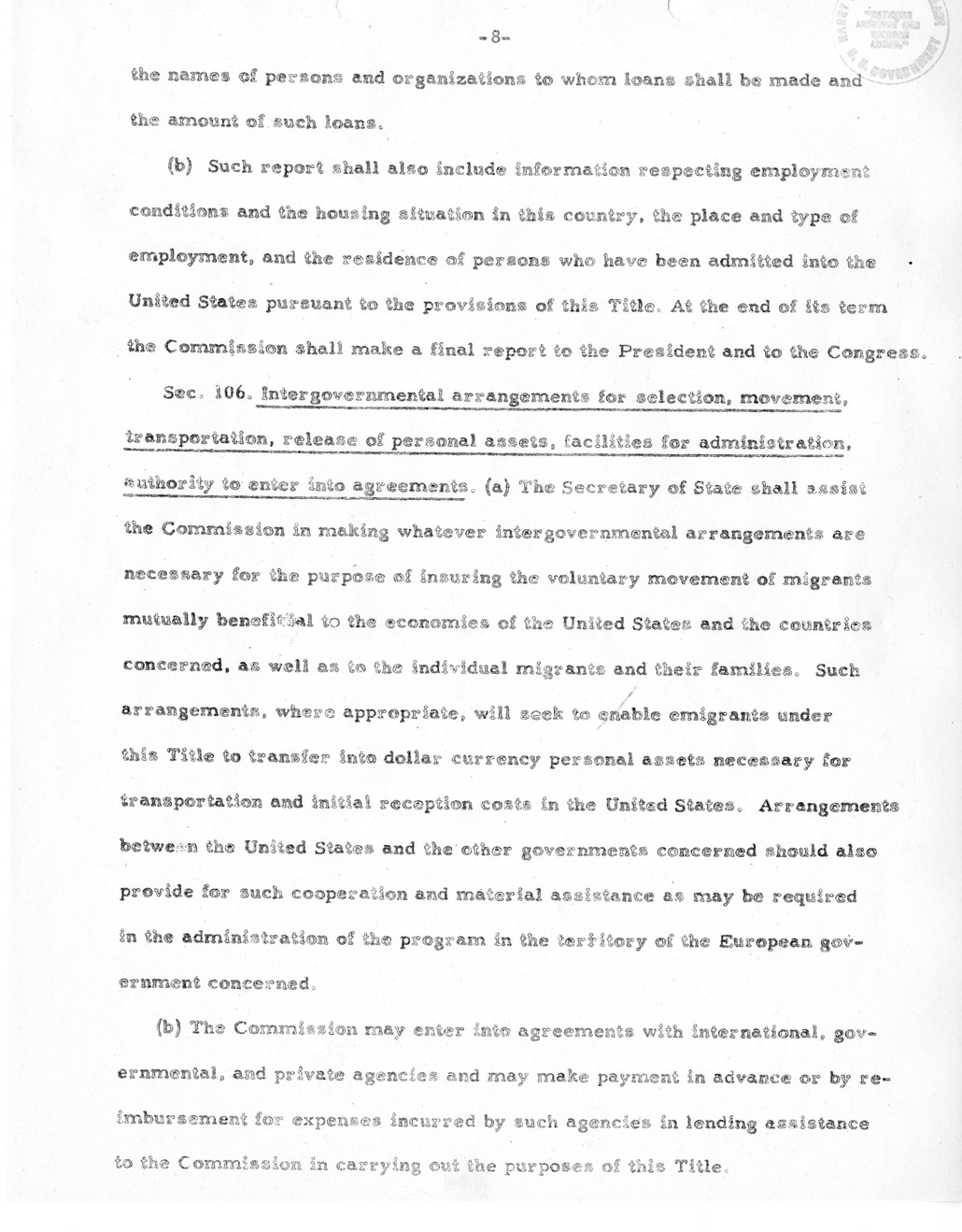 Draft of Legislation, The Special Migration Act of 1952