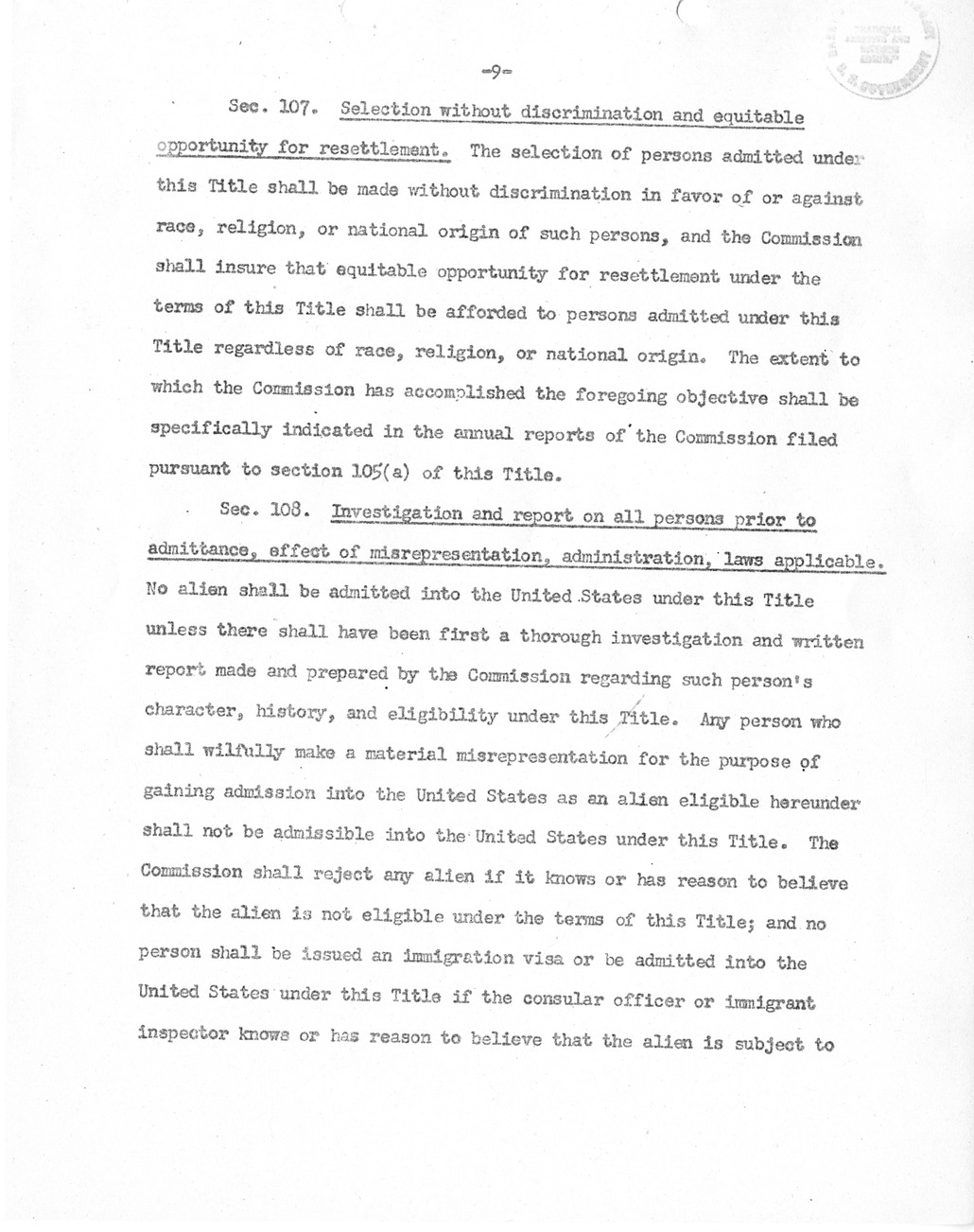 Draft of Legislation, The Special Migration Act of 1952