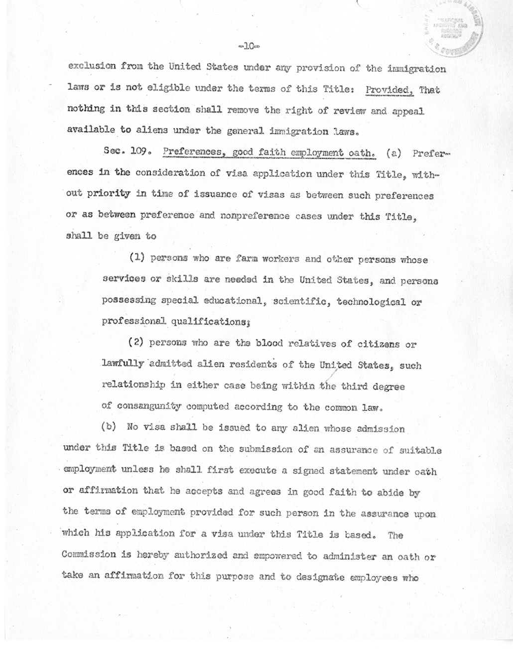 Draft of Legislation, The Special Migration Act of 1952