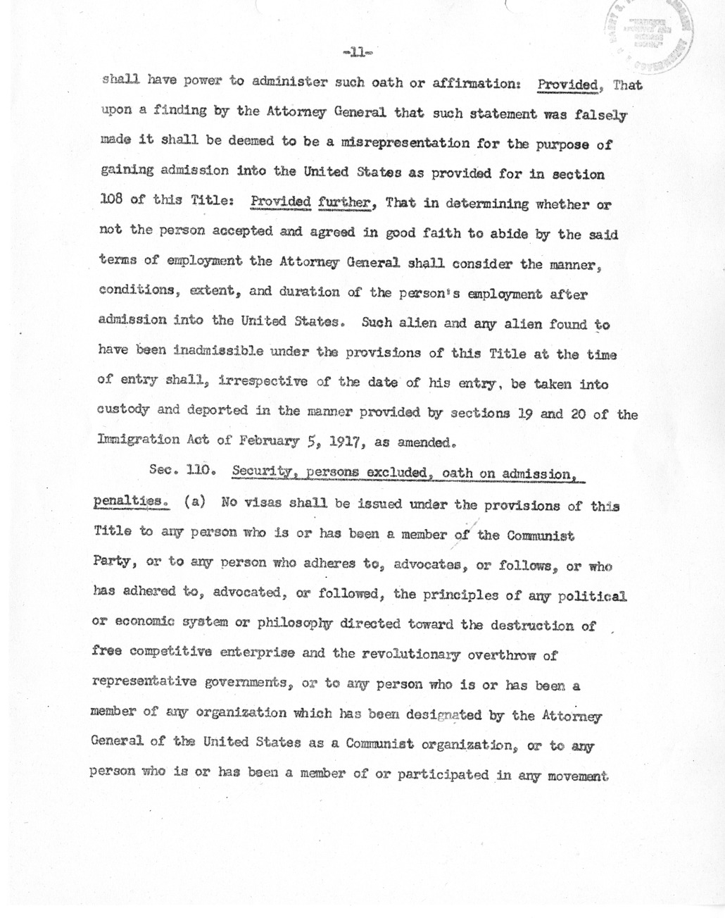 Draft of Legislation, The Special Migration Act of 1952