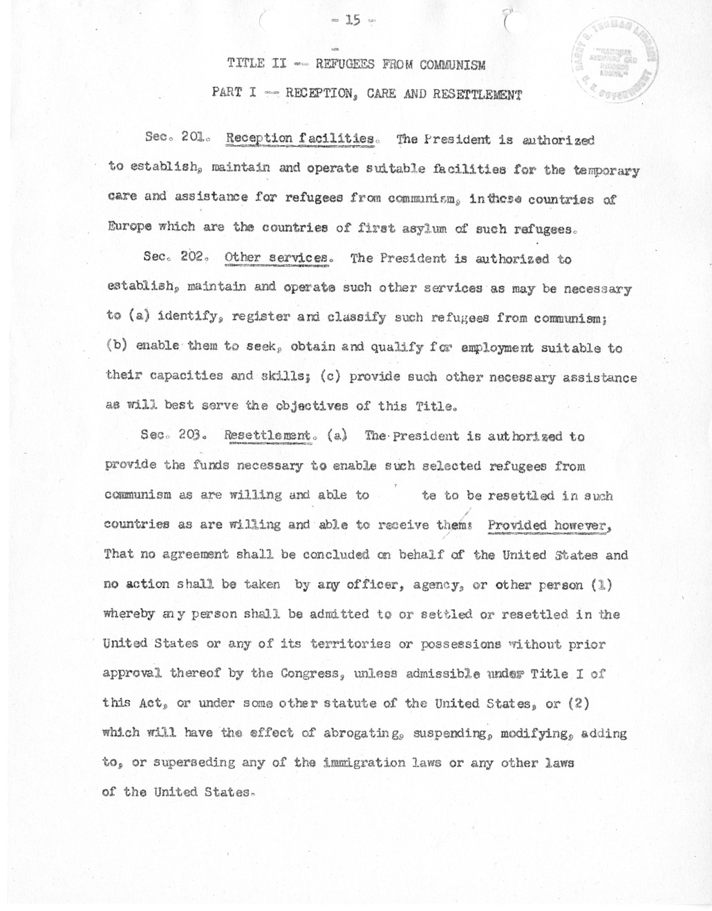 Draft of Legislation, The Special Migration Act of 1952