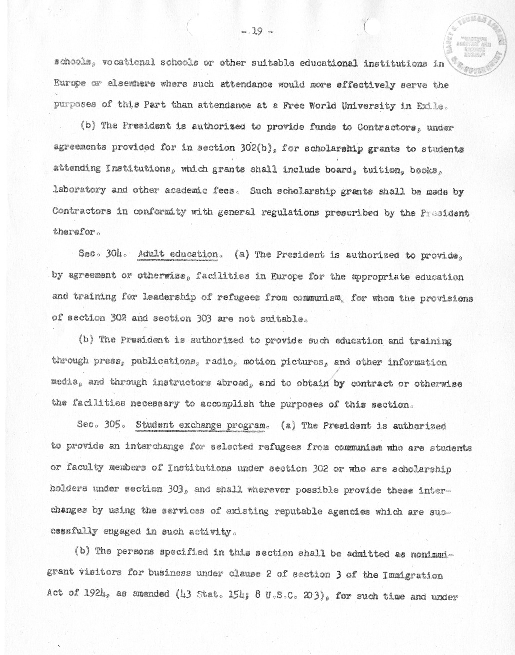 Draft of Legislation, The Special Migration Act of 1952