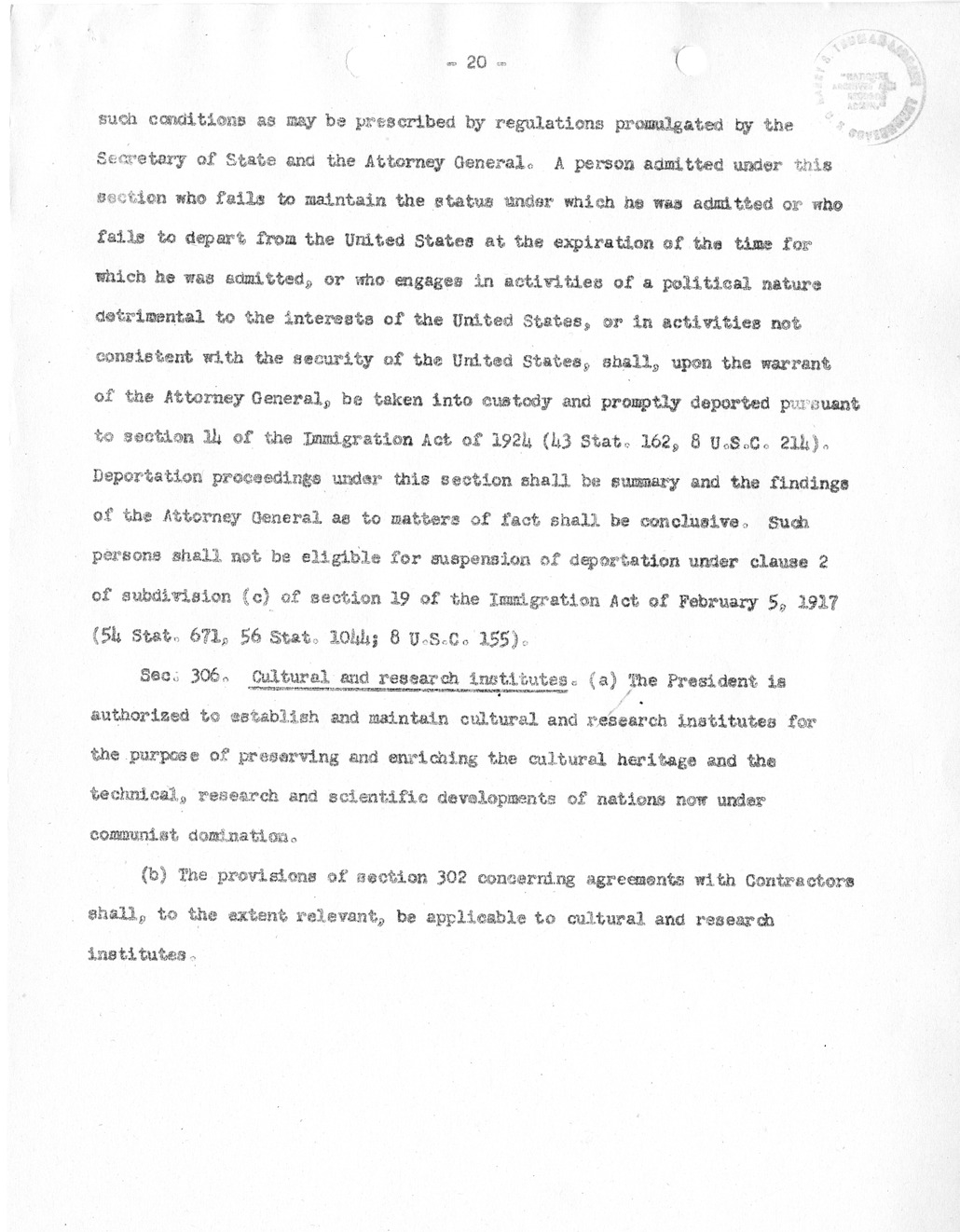 Draft of Legislation, The Special Migration Act of 1952