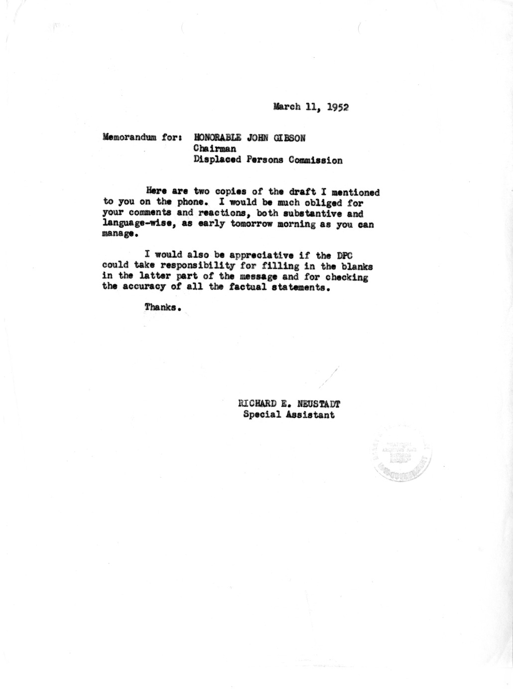 Memorandum from Richard Neustadt to John Gibson