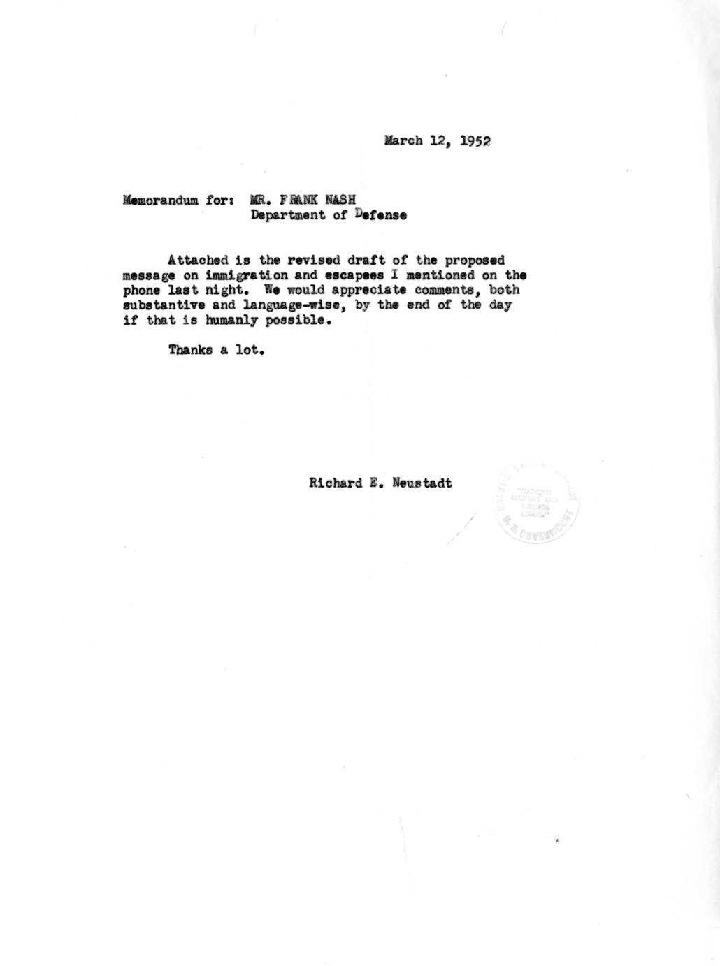 Memorandum from Richard Neustadt to Frank Nash