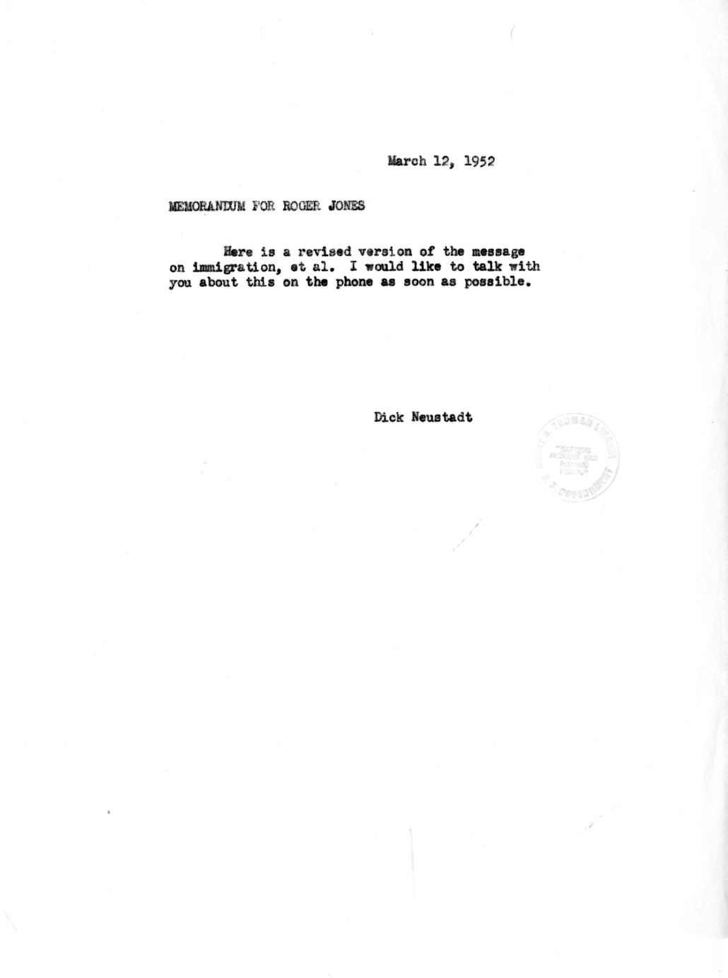 Memorandum from Richard Neustadt to Roger Jones