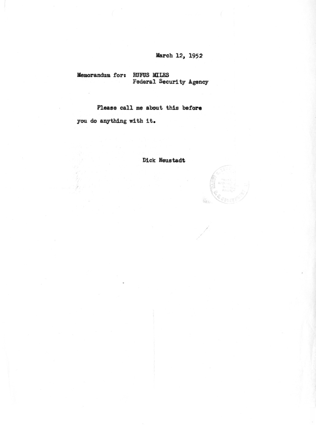 Memorandum from Richard Neustadt to Rufus Miles