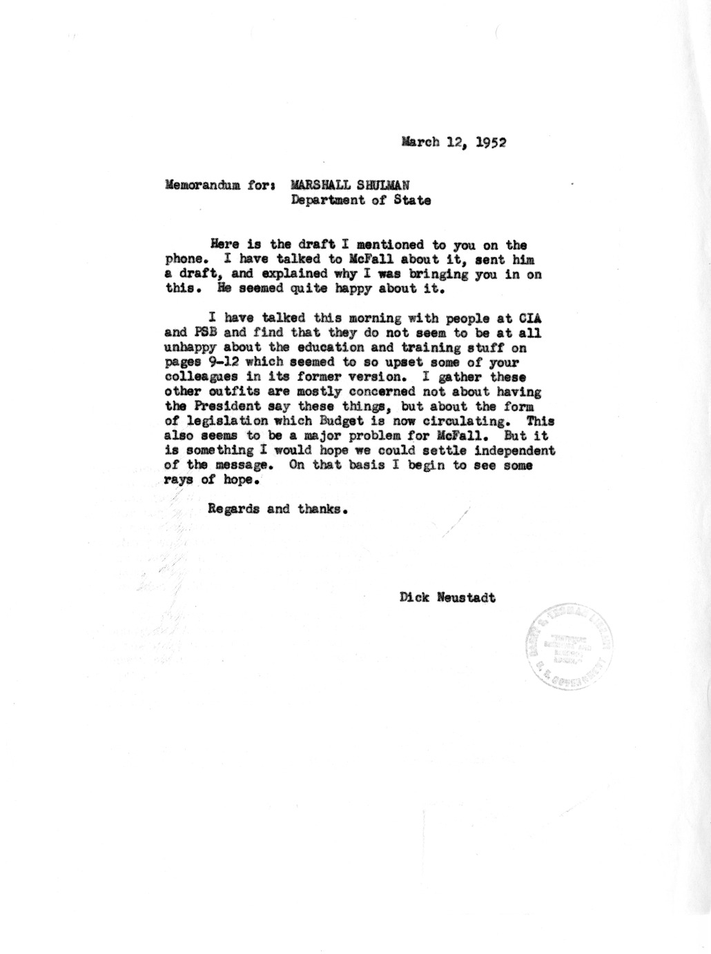 Memorandum from Richard Neustadt to Marshall Shulman