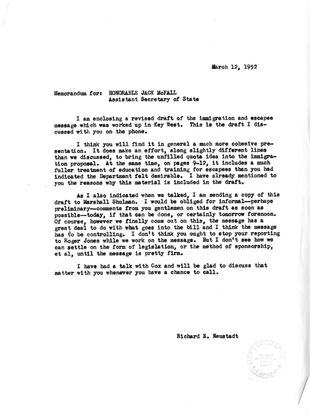 Memorandum from Richard Neustadt to Jack McFall