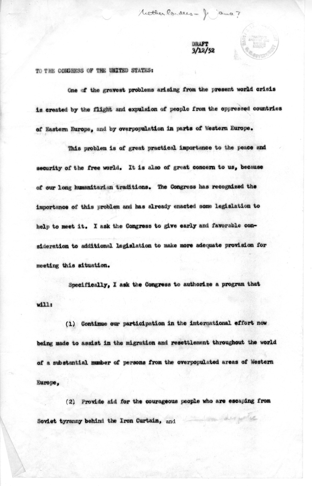 Memorandum from Carlile Bolton-Smith To Richard Neustadt, with Attached Draft of Message