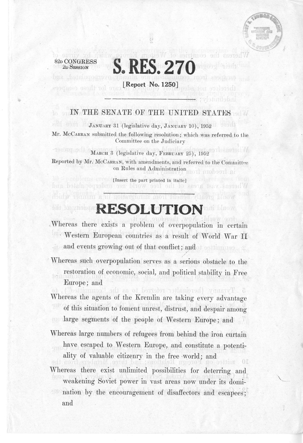 Senate Resolution 270, 82nd Congress, Second Session