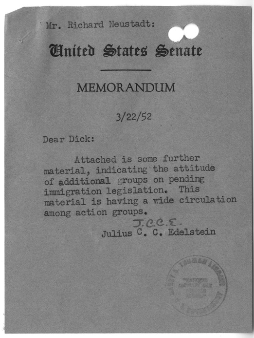 Memorandum from Julius Edelstein to Richard Neustadt, with Attachments