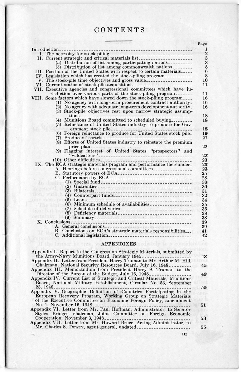 Senate Report Number 140, ECA and Strategic Materials - Report of the Joint Committee on Foreign Economic Cooperation Created Pursuant to Section 124 of Public Law 472, Eightieth Congress