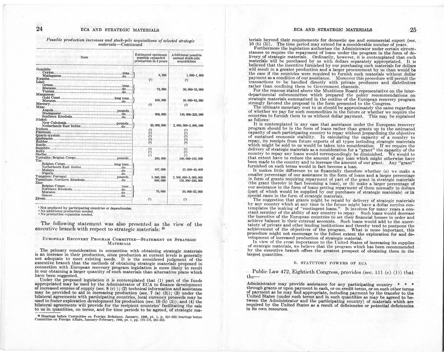 Senate Report Number 140, ECA and Strategic Materials - Report of the Joint Committee on Foreign Economic Cooperation Created Pursuant to Section 124 of Public Law 472, Eightieth Congress
