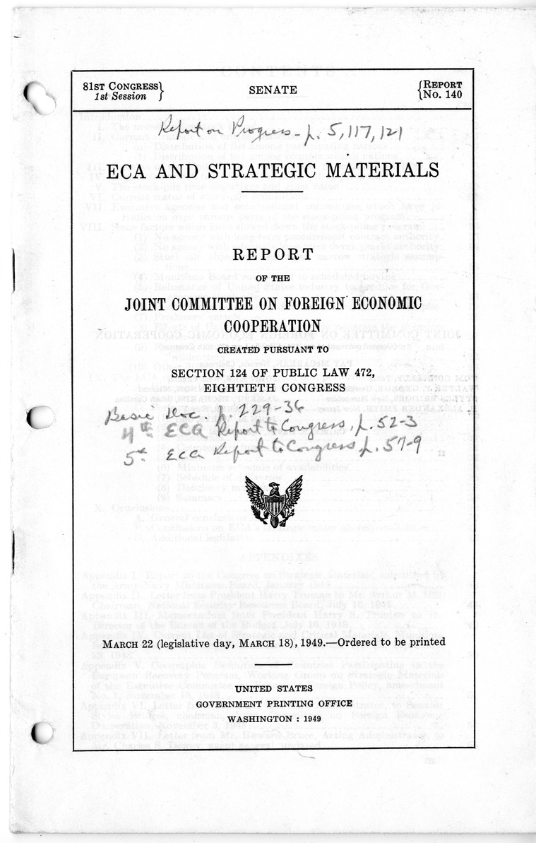 Senate Report Number 140, ECA and Strategic Materials - Report of the Joint Committee on Foreign Economic Cooperation Created Pursuant to Section 124 of Public Law 472, Eightieth Congress