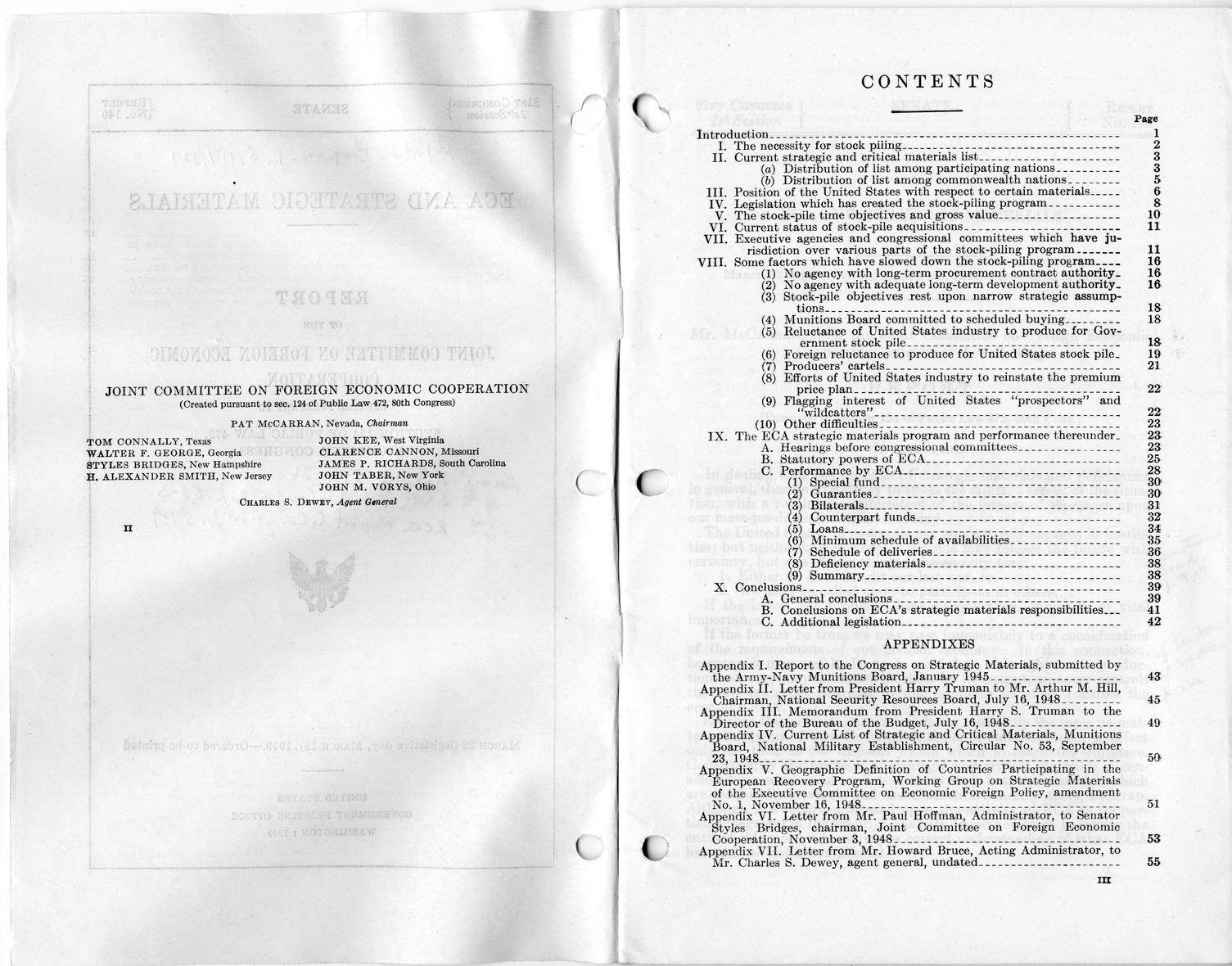 Senate Report Number 140, ECA and Strategic Materials - Report of the Joint Committee on Foreign Economic Cooperation Created Pursuant to Section 124 of Public Law 472, Eightieth Congress