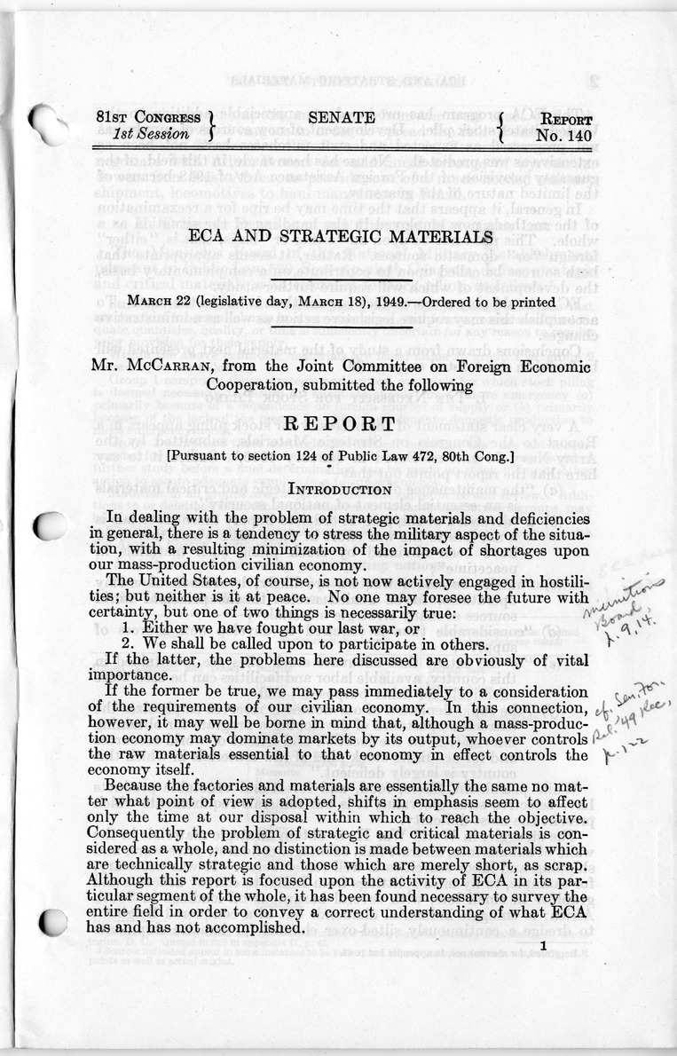 Senate Report Number 140, ECA and Strategic Materials - Report of the Joint Committee on Foreign Economic Cooperation Created Pursuant to Section 124 of Public Law 472, Eightieth Congress