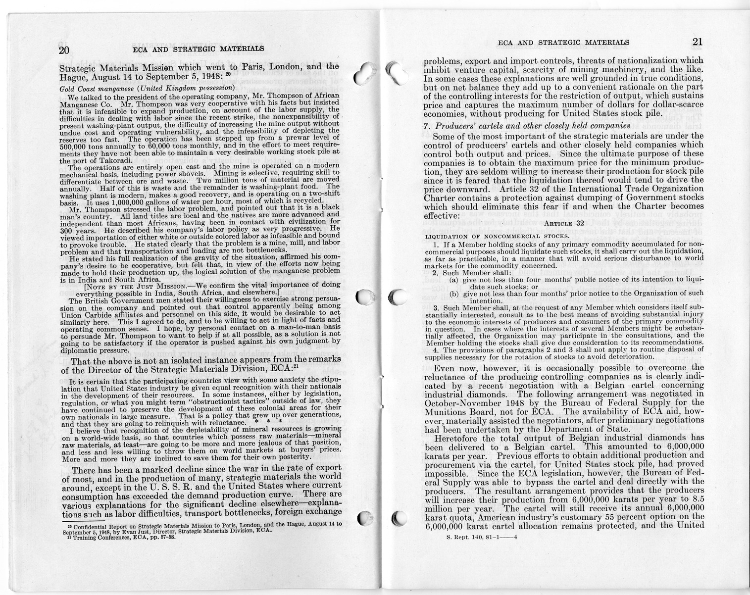 Senate Report Number 140, ECA and Strategic Materials - Report of the Joint Committee on Foreign Economic Cooperation Created Pursuant to Section 124 of Public Law 472, Eightieth Congress