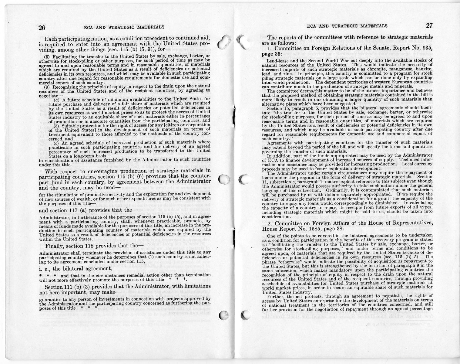 Senate Report Number 140, ECA and Strategic Materials - Report of the Joint Committee on Foreign Economic Cooperation Created Pursuant to Section 124 of Public Law 472, Eightieth Congress