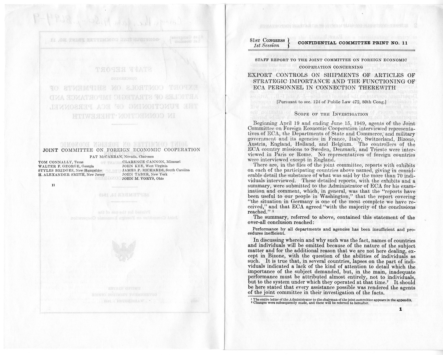 Staff Report Concerning Export Controls on Shipments of Articles of Strategic Importance and the Functioning of ECA Personnel in Connection Therewith - Joint Committee on Foreign Economic Cooperation Created Pursuant to Section 124 of Public Law 472, Eightieth Congress