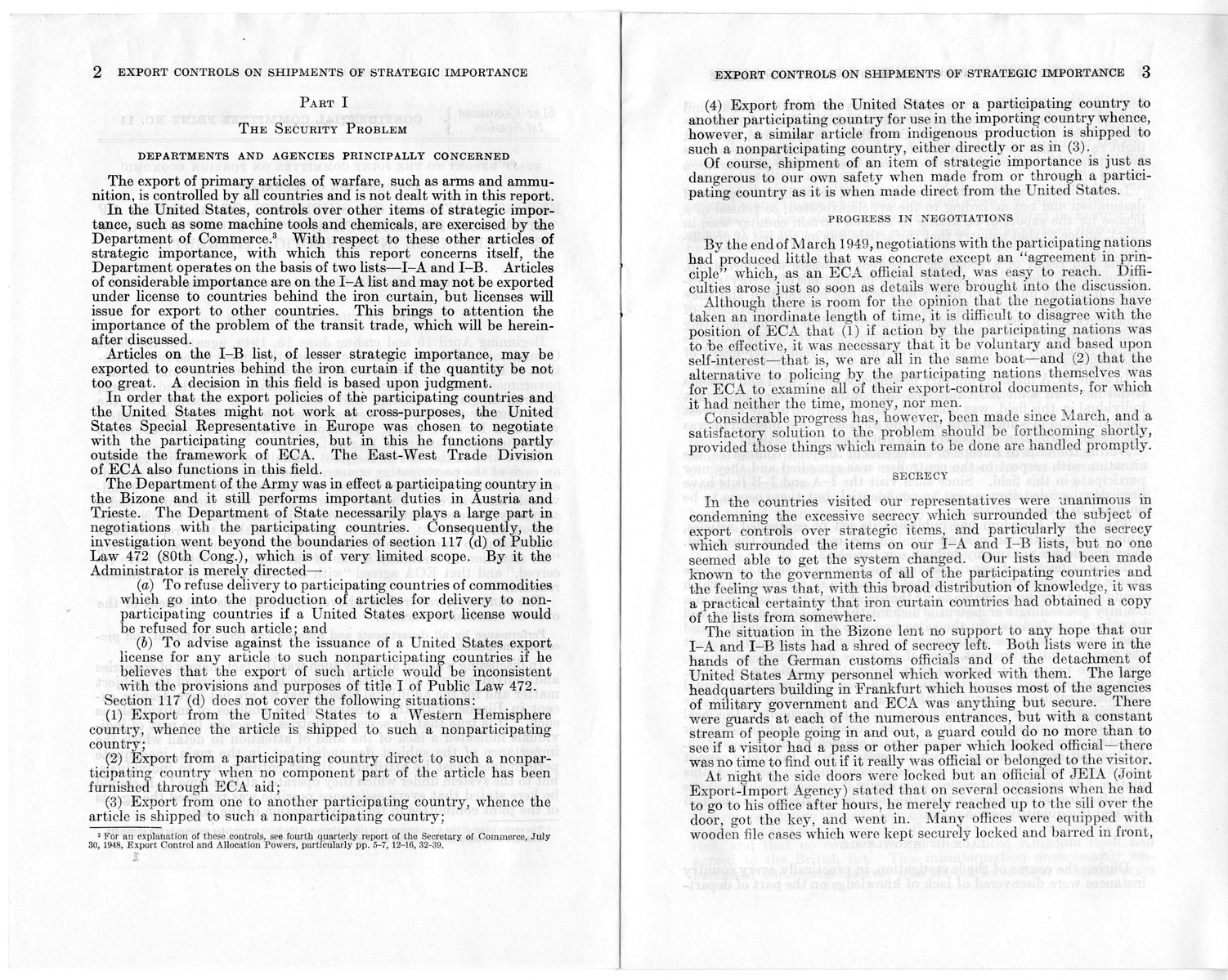 Staff Report Concerning Export Controls on Shipments of Articles of Strategic Importance and the Functioning of ECA Personnel in Connection Therewith - Joint Committee on Foreign Economic Cooperation Created Pursuant to Section 124 of Public Law 472, Eightieth Congress