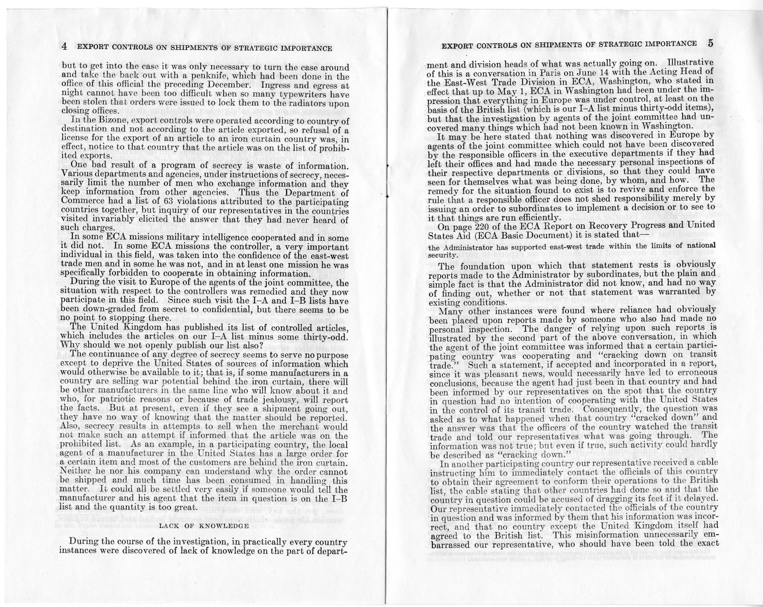 Staff Report Concerning Export Controls on Shipments of Articles of Strategic Importance and the Functioning of ECA Personnel in Connection Therewith - Joint Committee on Foreign Economic Cooperation Created Pursuant to Section 124 of Public Law 472, Eightieth Congress