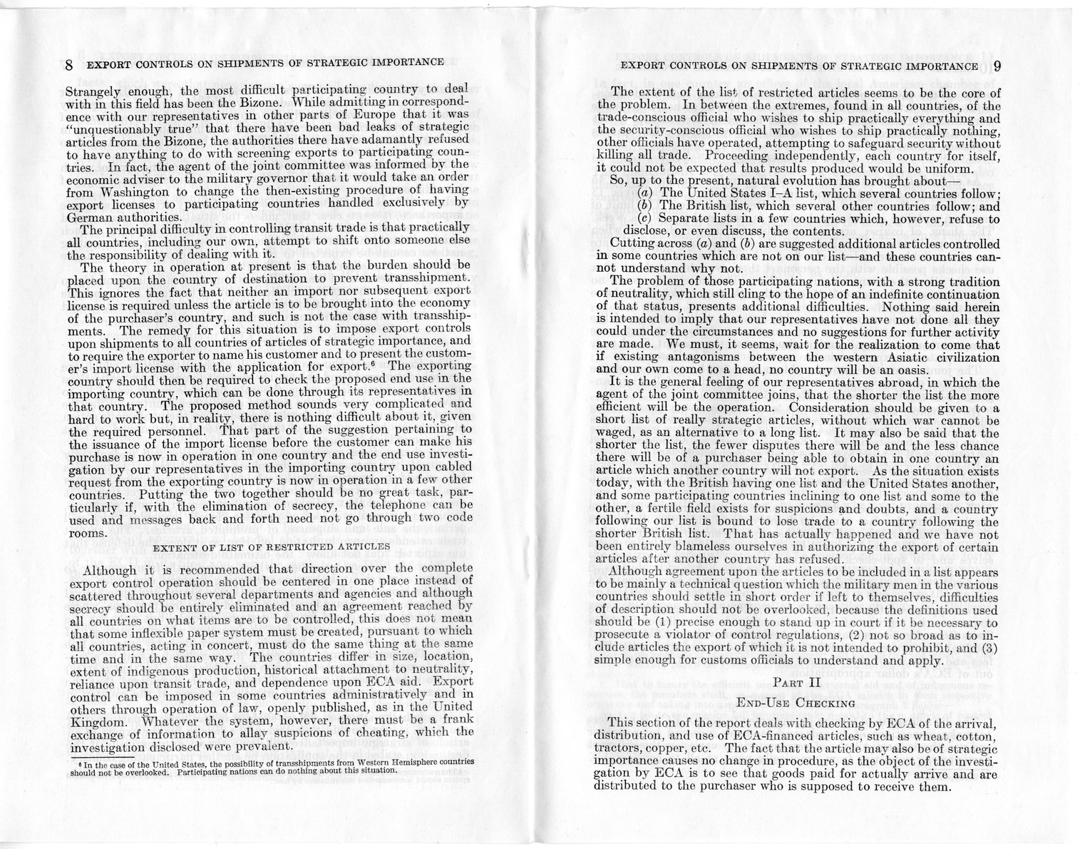 Staff Report Concerning Export Controls on Shipments of Articles of Strategic Importance and the Functioning of ECA Personnel in Connection Therewith - Joint Committee on Foreign Economic Cooperation Created Pursuant to Section 124 of Public Law 472, Eightieth Congress