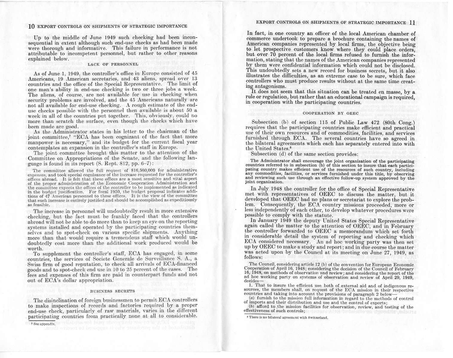 Staff Report Concerning Export Controls on Shipments of Articles of Strategic Importance and the Functioning of ECA Personnel in Connection Therewith - Joint Committee on Foreign Economic Cooperation Created Pursuant to Section 124 of Public Law 472, Eightieth Congress