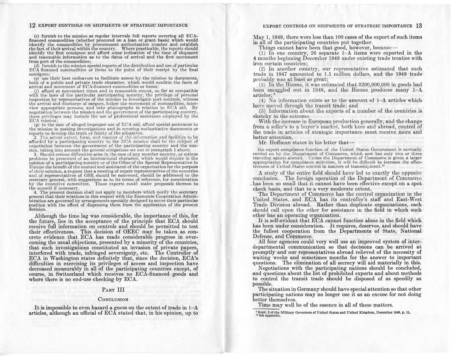 Staff Report Concerning Export Controls on Shipments of Articles of Strategic Importance and the Functioning of ECA Personnel in Connection Therewith - Joint Committee on Foreign Economic Cooperation Created Pursuant to Section 124 of Public Law 472, Eightieth Congress