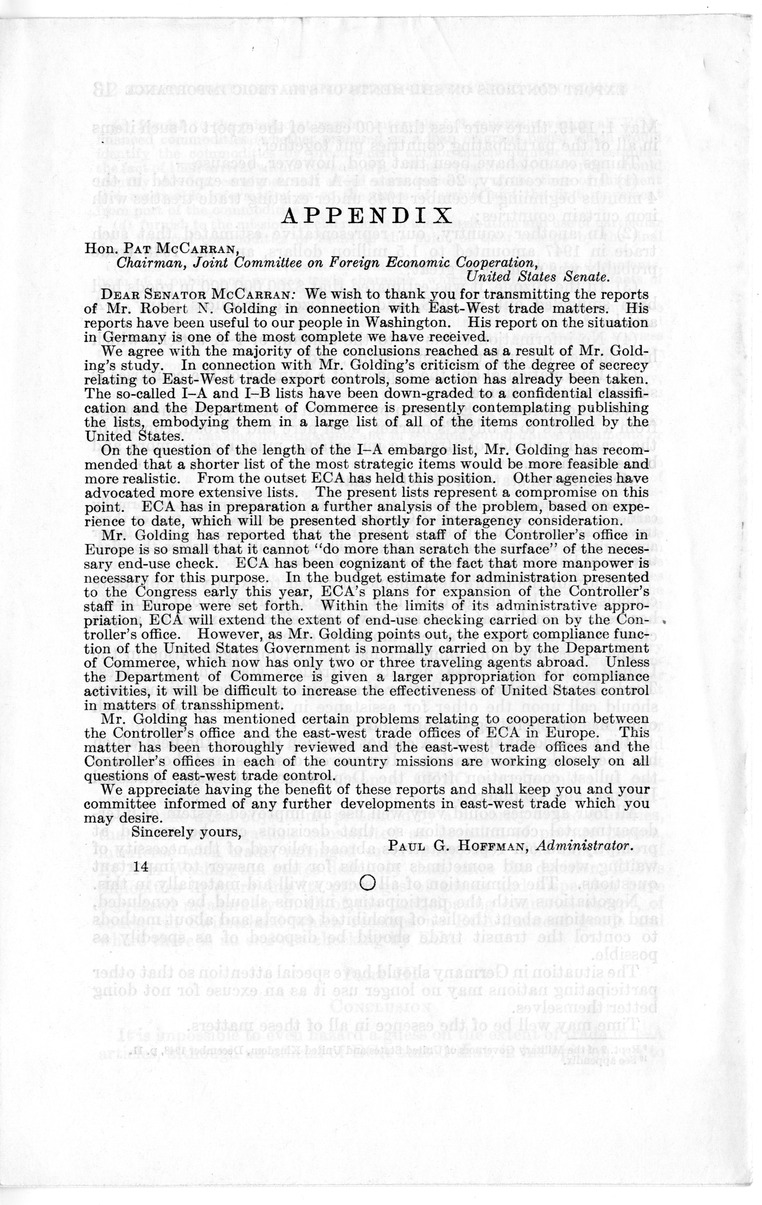 Staff Report Concerning Export Controls on Shipments of Articles of Strategic Importance and the Functioning of ECA Personnel in Connection Therewith - Joint Committee on Foreign Economic Cooperation Created Pursuant to Section 124 of Public Law 472, Eightieth Congress