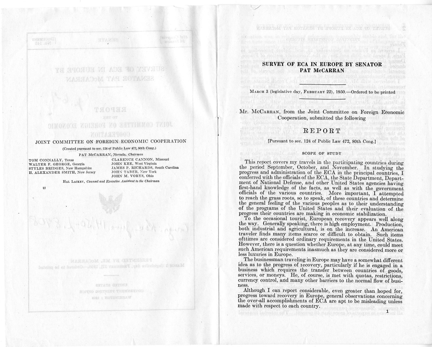 Senate Document Number 141, Survey of ECA in Europe by Senator Pat McCarran - Report to the Joint Committee on Foreign Economic Cooperation Created Pursuant to Section 124 of Public Law 472, Eightieth Congress