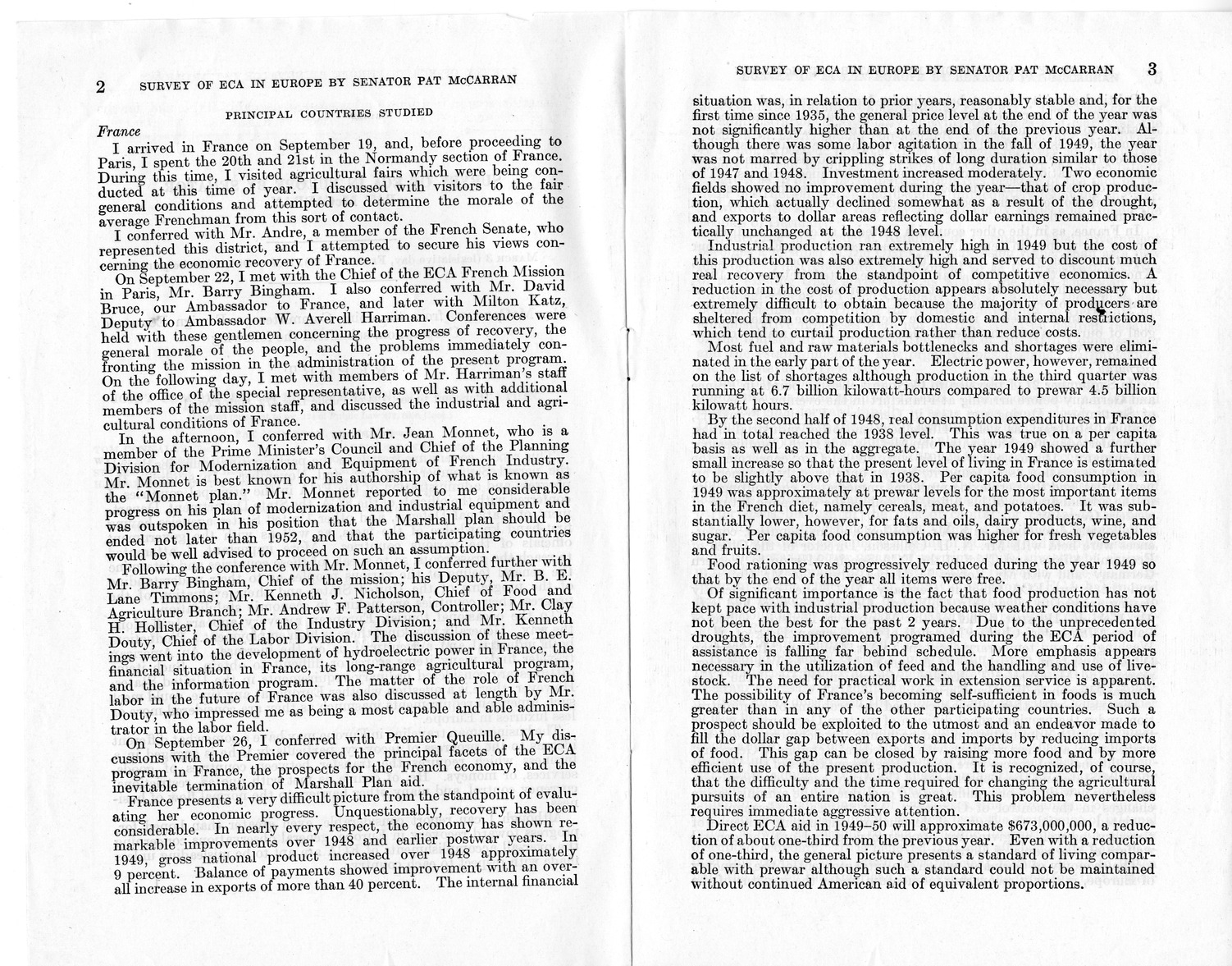 Senate Document Number 141, Survey of ECA in Europe by Senator Pat McCarran - Report to the Joint Committee on Foreign Economic Cooperation Created Pursuant to Section 124 of Public Law 472, Eightieth Congress