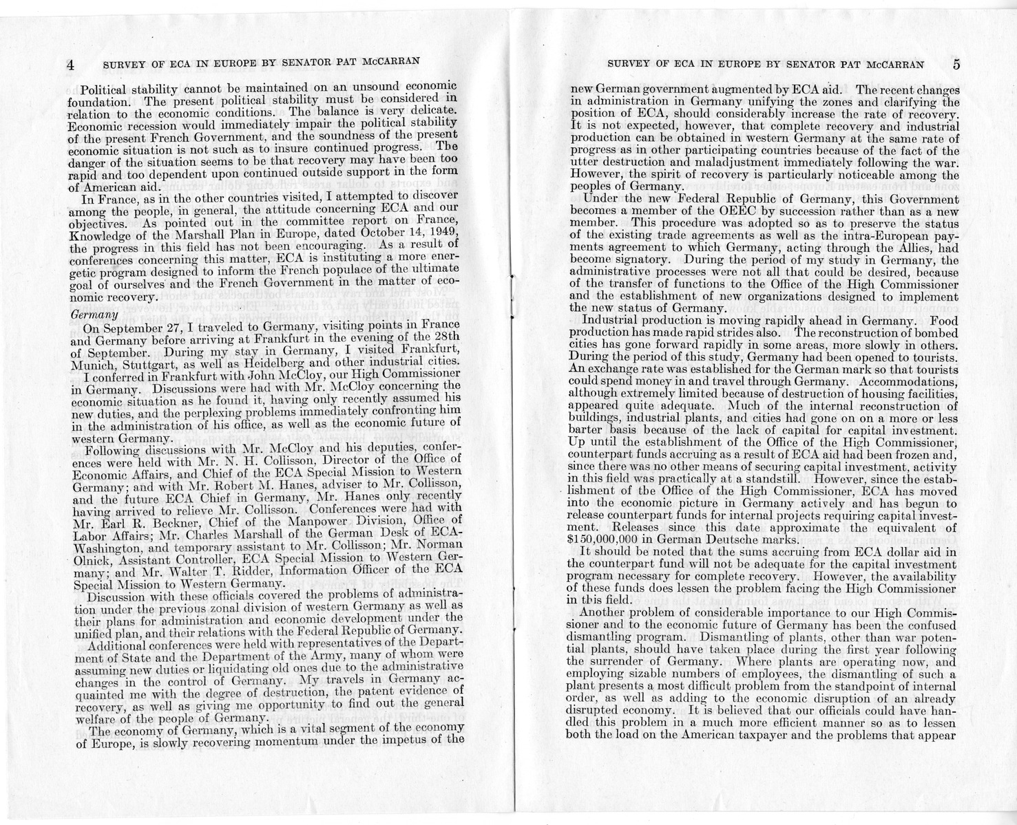 Senate Document Number 141, Survey of ECA in Europe by Senator Pat McCarran - Report to the Joint Committee on Foreign Economic Cooperation Created Pursuant to Section 124 of Public Law 472, Eightieth Congress