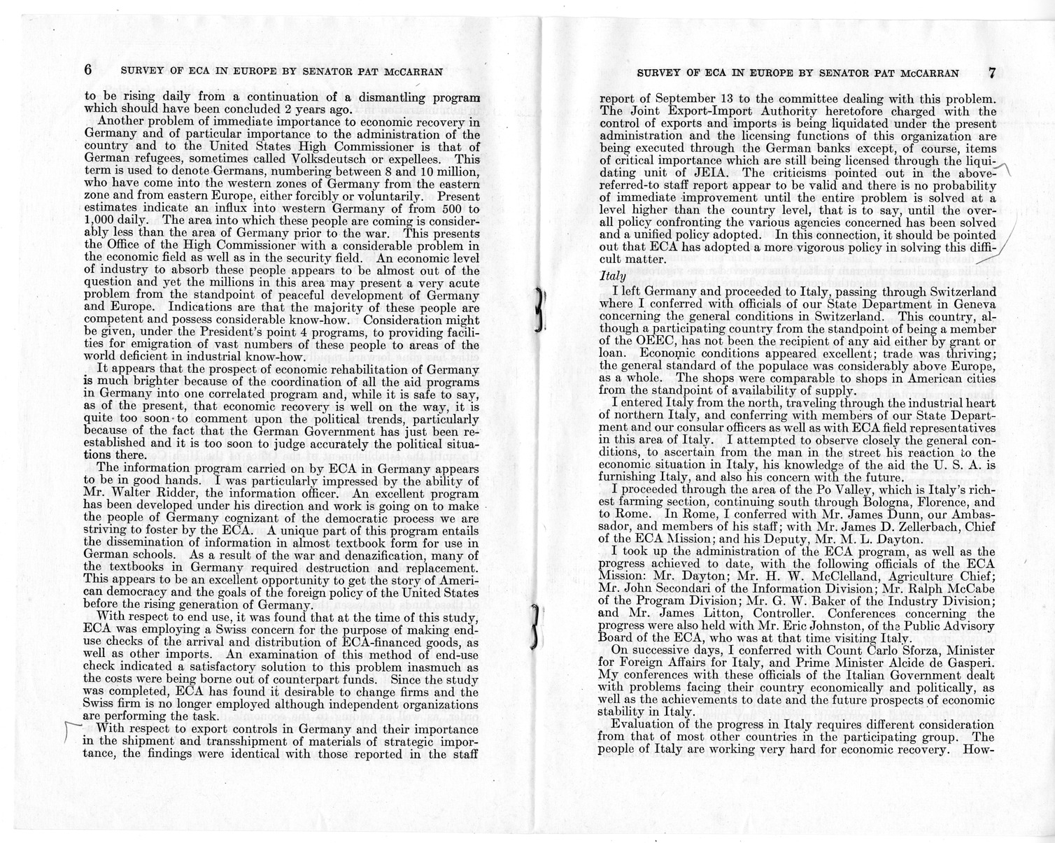 Senate Document Number 141, Survey of ECA in Europe by Senator Pat McCarran - Report to the Joint Committee on Foreign Economic Cooperation Created Pursuant to Section 124 of Public Law 472, Eightieth Congress