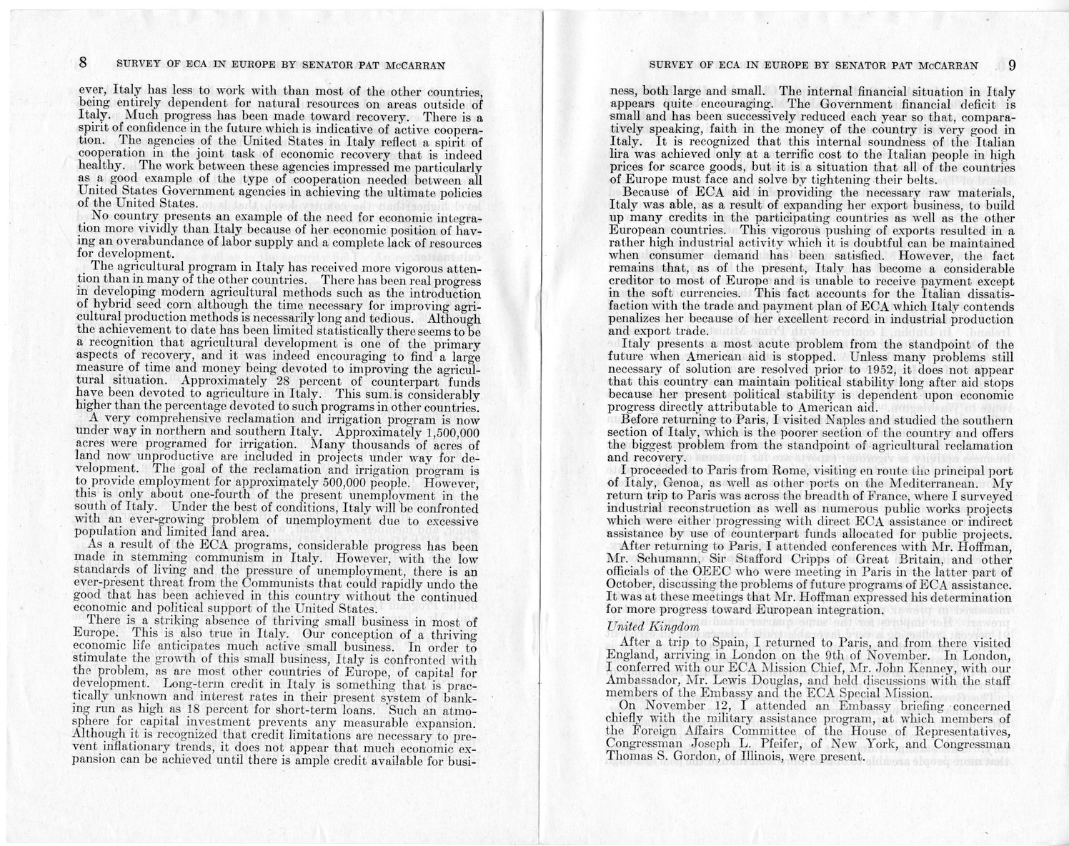 Senate Document Number 141, Survey of ECA in Europe by Senator Pat McCarran - Report to the Joint Committee on Foreign Economic Cooperation Created Pursuant to Section 124 of Public Law 472, Eightieth Congress