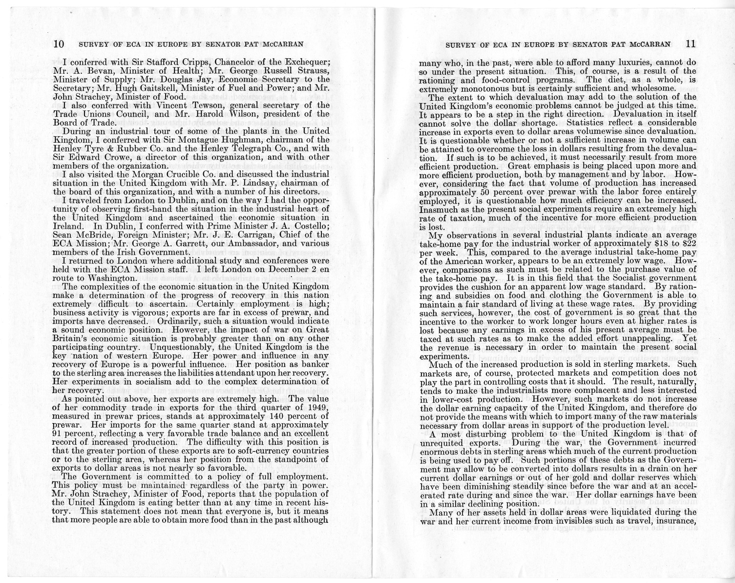 Senate Document Number 141, Survey of ECA in Europe by Senator Pat McCarran - Report to the Joint Committee on Foreign Economic Cooperation Created Pursuant to Section 124 of Public Law 472, Eightieth Congress