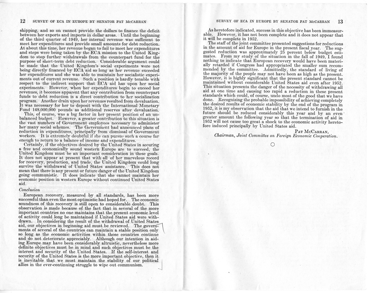 Senate Document Number 141, Survey of ECA in Europe by Senator Pat McCarran - Report to the Joint Committee on Foreign Economic Cooperation Created Pursuant to Section 124 of Public Law 472, Eightieth Congress