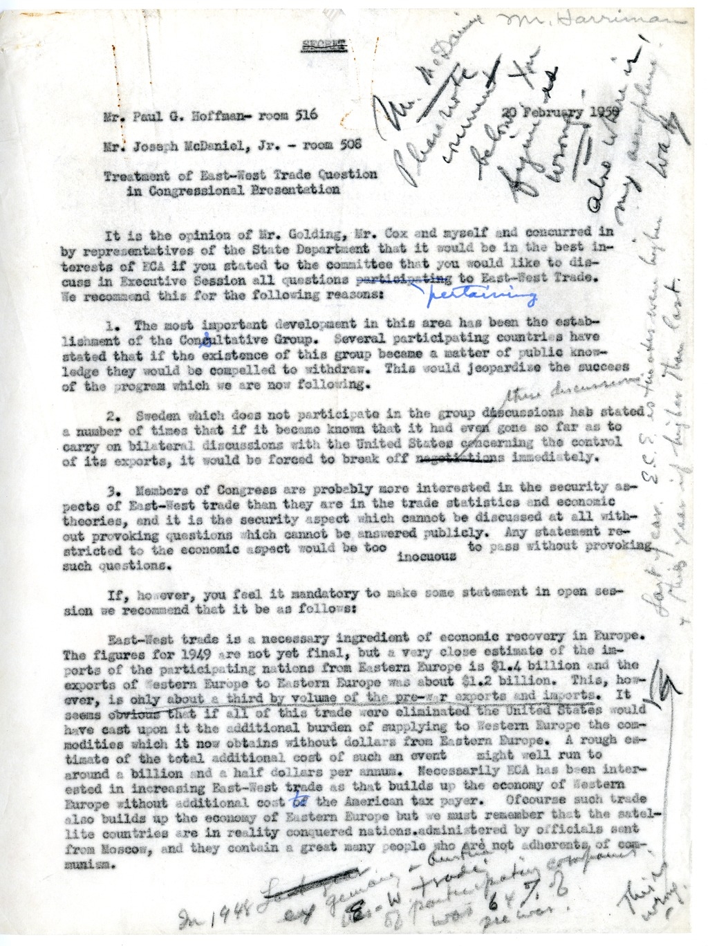 Memorandum from Joseph McDaniel to Paul G. Hoffman, Report on the Treatment of East-West Trade Question in Congressional Presentation, with Attached Draft Report