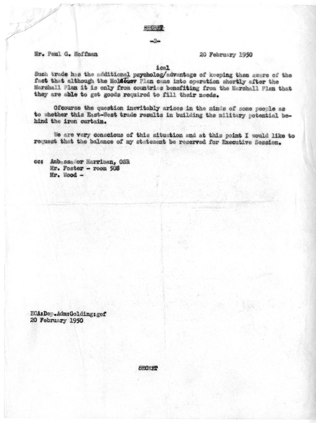 Memorandum from Joseph McDaniel to Paul G. Hoffman, Report on the Treatment of East-West Trade Question in Congressional Presentation, with Attached Draft Report