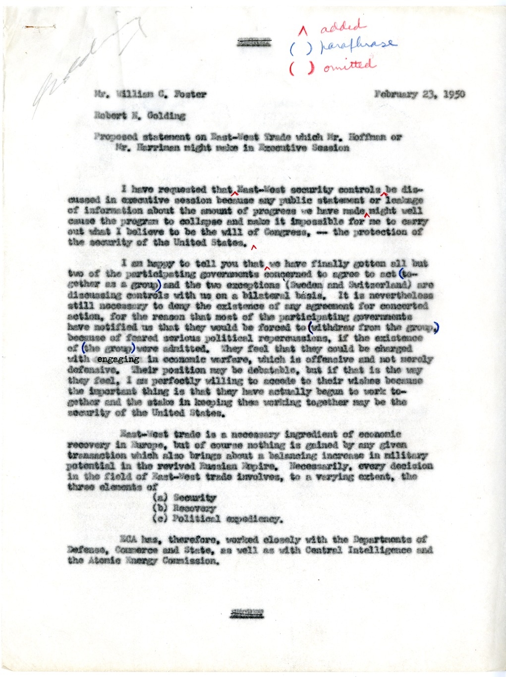 Memorandum from Joseph McDaniel to Paul G. Hoffman, Report on the Treatment of East-West Trade Question in Congressional Presentation, with Attached Draft Report