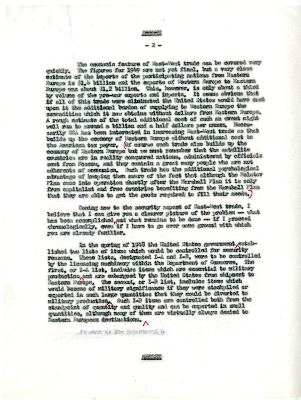 Memorandum from Joseph McDaniel to Paul G. Hoffman, Report on the Treatment of East-West Trade Question in Congressional Presentation, with Attached Draft Report