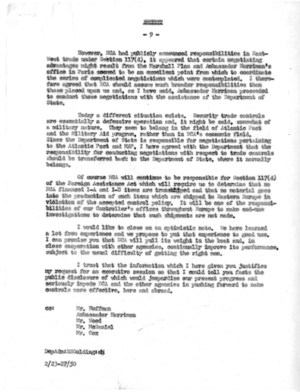 Memorandum from Joseph McDaniel to Paul G. Hoffman, Report on the Treatment of East-West Trade Question in Congressional Presentation, with Attached Draft Report