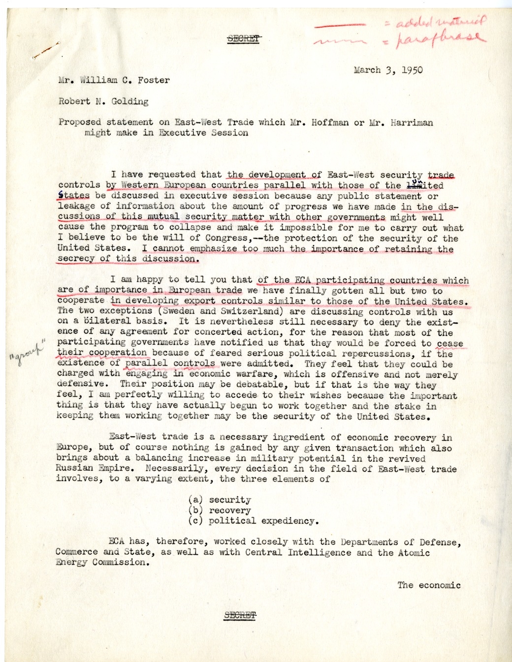 Memorandum from Joseph McDaniel to Paul G. Hoffman, Report on the Treatment of East-West Trade Question in Congressional Presentation, with Attached Draft Report