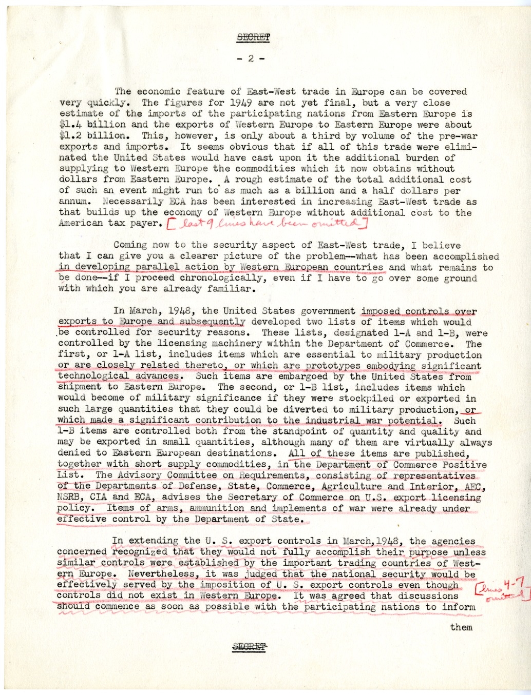 Memorandum from Joseph McDaniel to Paul G. Hoffman, Report on the Treatment of East-West Trade Question in Congressional Presentation, with Attached Draft Report