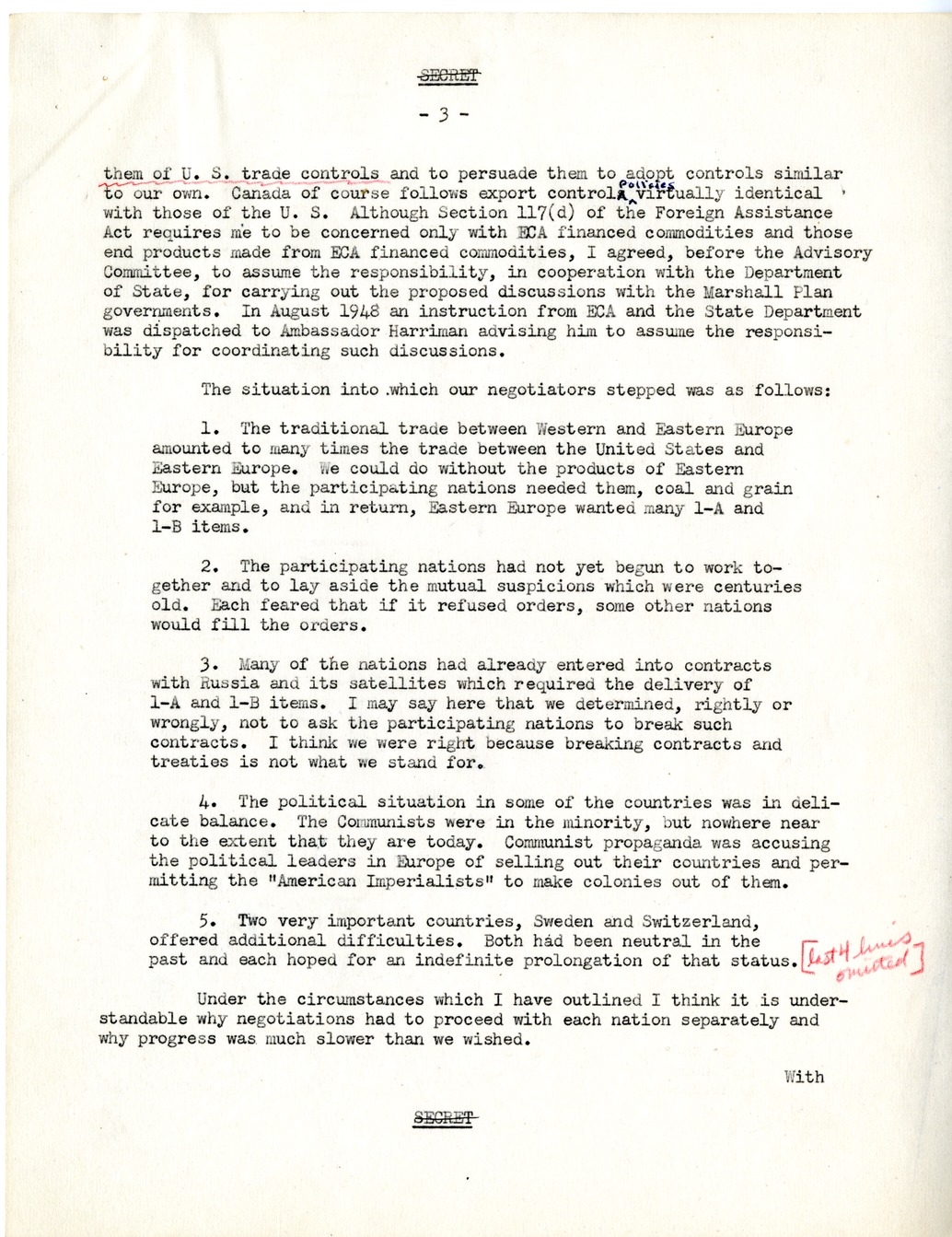 Memorandum from Joseph McDaniel to Paul G. Hoffman, Report on the Treatment of East-West Trade Question in Congressional Presentation, with Attached Draft Report