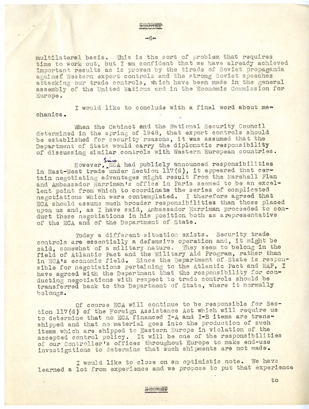 Memorandum from Joseph McDaniel to Paul G. Hoffman, Report on the Treatment of East-West Trade Question in Congressional Presentation, with Attached Draft Report