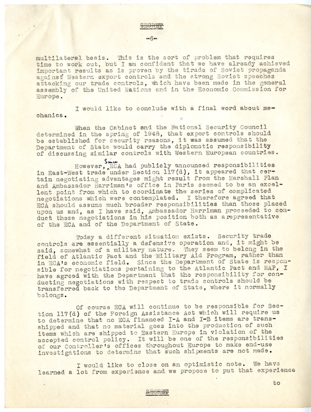 Memorandum from Joseph McDaniel to Paul G. Hoffman, Report on the Treatment of East-West Trade Question in Congressional Presentation, with Attached Draft Report