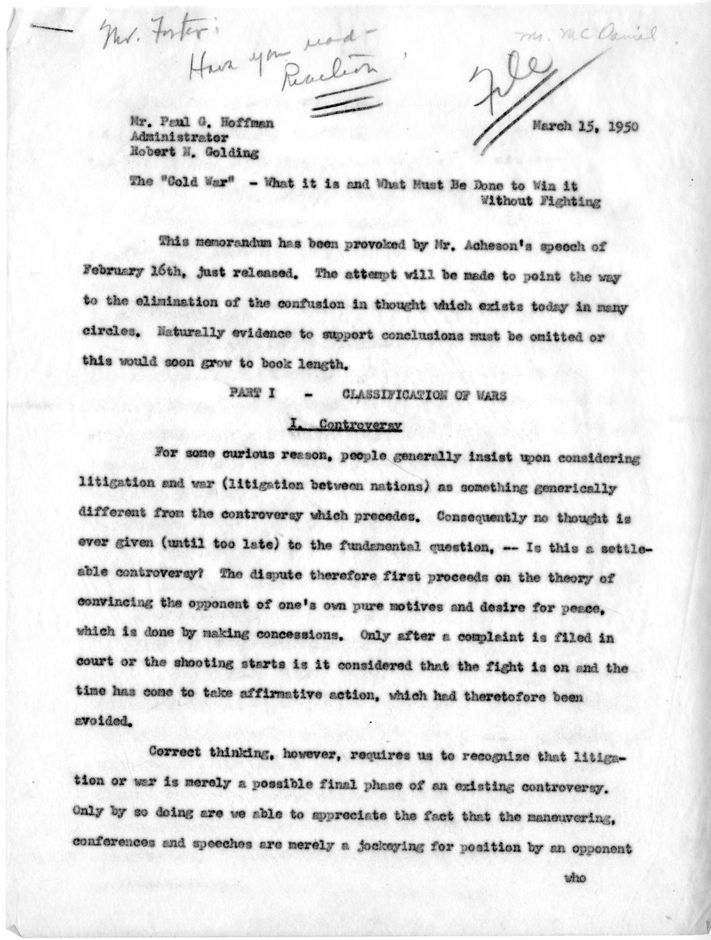 Memorandum from Paul G. Hoffman to Robert N. Golding with Attached Draft of Report, The "Cold War" - What it is and What Must Be Done to Win it Without Fighting