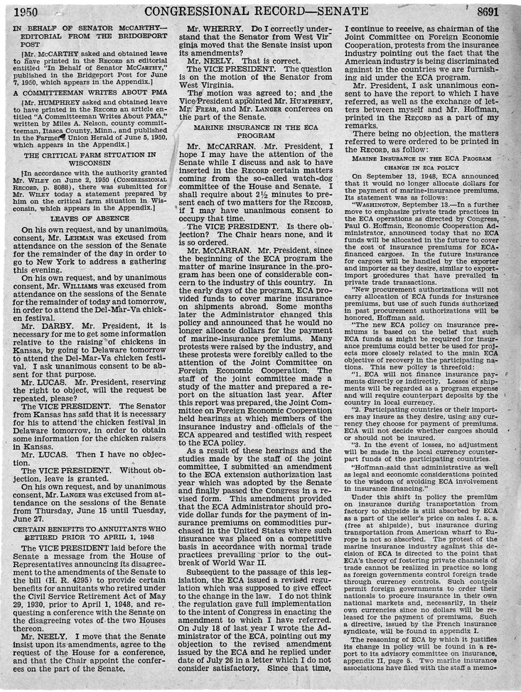 Remarks in the Congressional Record of the Senate - June 14, 1950, Pages 8691-8700, 8707-8718